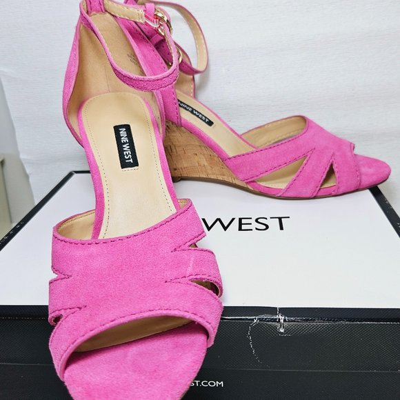 Nine West Shoes - Nine West Lilly Pink Suede and Cork Wedge Sandals Size 9.5M